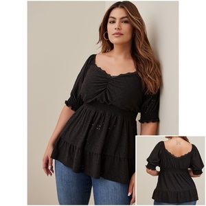 NWT Torrid 5 Eyelet Smocked Waist Babydoll Top, Plus Size 5x 28 28W Blouse Shirt